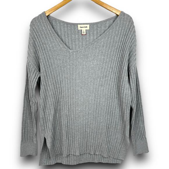 NEW Open Edit Ribbed Sweater Asymmetric Vneck Tunic Long Sleeve Gray Size Small - Picture 2 of 8
